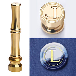 Letter L Golden Tone Brass Wax Seal Stamp Head with Bamboo Stick Shaped Handle, for Greeting Card Making, Letter L, 74.5x15mm