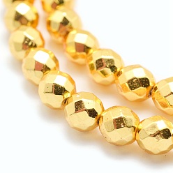 Golden Plated Electroplate Non-magnetic Synthetic Hematite Beads Strands, Grade AAA, Long-Lasting Plated, Faceted, Round, Golden Plated, 6mm, Hole: 1mm, about 73pcs/strand, 15.7 inch(40cm)