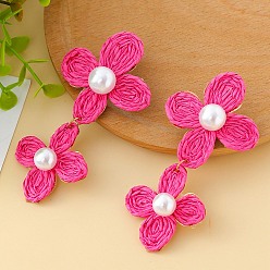 Камелия Серьги-гвоздики с цветочной латунной фурнитурой из рафии, золотые, с имитацией жемчуга, камелия, 88 мм