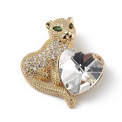Прозрачный Настоящие позолоченные подвески из латуни с микропаве из прозрачного кубического циркония, со стеклом, долговечный, без кадмия и без свинца, леопард с сердечком, прозрачные, 18 мм, отверстие : 24x22x8 мм