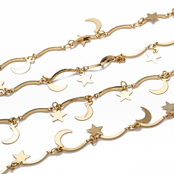 Golden Brass Bar Link Chains, with Charms and Spool, Long-lasting Plated, Soldered, Star & Moon, Golden, Bar Link: 15x2x1mm, Star: 8x7x0.3mm, Moon: 11.5x5.5x0.3mm, about 32.8 Feet(10m)/roll