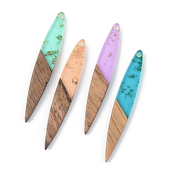 (52) Непрозрачная лаванда Подвески из прозрачной смолы и ореха, золотой фольгой, лист, разноцветные, 43x7x3 мм, отверстие : 1.6 мм