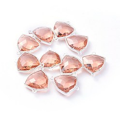 Розовый Соединители стеклянные ссылки, с фурнитурой Berzel с открытой спиной из экологически чистого сплава, граненые, треугольные, серебряный цвет гальваническим, туманная роза, 24x19x7 мм, отверстие : 1.5 мм