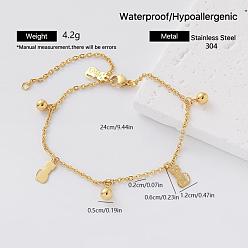 Cat Shape 304 Stainless Steel Charm Anklets for Women, Golden, Cat Shape, 9-1/2 inch(240mm)