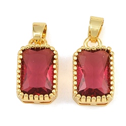 Crimson Brass & Glass Pendants, Faceted Rectangle Charm, Long-Lasting Plated, Rack Plating, Cadmium Free & Lead Free, Golden, Crimson, 17x10x6mm, Hole: 6x3.5mm