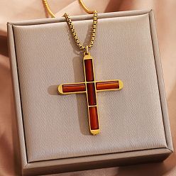Красный Агат 304 Подвеска в виде креста из нержавеющей стали с натуральным сердоликом, религиозная подвеска., золотые, 21.65 дюйм (55 см)
