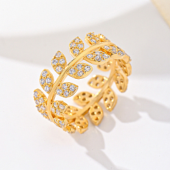 Золотой Кольца для женщин с микропаве из латуни и кубическими цирконами, лист, золотые, размер США 8 (18.1 мм)