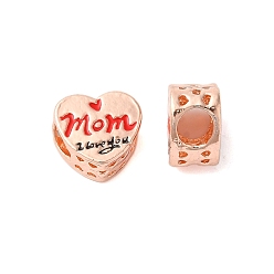 Розовое Золото Стойка ко Дню матери, покрытие из сплава, эмаль, европейские бусины, без кадмия, без никеля и без свинца, бусины с большим отверстием, сердце со словом мама я люблю тебя, розовое золото , 11x12x8 мм, отверстие : 5 мм