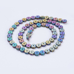 Rainbow Plated Electroplate Non-magnetic Synthetic Hematite Beads Strands, Frosted, Flat Round with Flower, Multi-color Plated, 6x2mm, Hole: 1mm, about 66pcs/strand, 15.9 inch(40.5cm)