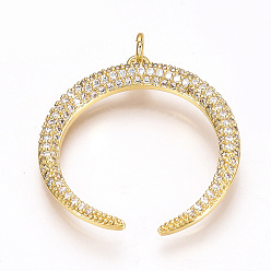 Golden Brass Micro Pave Cubic Zirconia Pendants, Double Horn/Crescent Moon, Golden, 29x27.5x3mm, Hole: 3mm