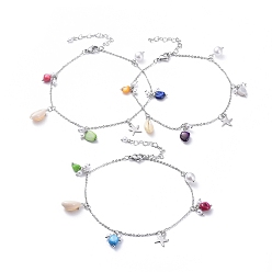 Mixed Color Cowrie Shell Charm Anklets, with Dyed Shell Beads, Plastic Imitation Pearl Beads, 304 Stainless Steel Charms, Cable Chain and Lobster Claw Clasps, Mixed Color, 9-5/8 inch(24.5cm)