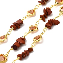 Красный Камень Латунные соединительные цепи ручной работы, с красной яшмой и стеклянными бусинами и катушкой, долговечный, пайки, без свинца и без кадмия, сердце, золотые, сердце ссылки: 12.5x7.5x3мм