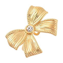 Настоящее золото 18K 304 Кольца-манжеты из нержавеющей стали со стразами и бантом для женщин, реальный 18 k позолоченный, бант : 23x30 мм, регулируемый