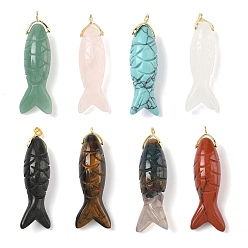 Смешанные камни Резные подвески из смешанных натуральных и синтетических драгоценных камней, рыбные амулеты с латунной фурнитурой, золотые, 47x15x12 мм, отверстие : 1.6 мм