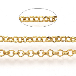 Золотой Паяные латунные цепи Роло, отрыгивающая цепь, с катушкой, золотые, 2.5x0.7 мм, около 328.08 футов (100 м) / рулон