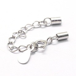 Platinum Anti-Tarnish Rhodium Plated 925 Sterling Silver Cord Ends, with Extender Chains, Teardrop Charms and Spring Ring Clasps, Platinum, 47mm