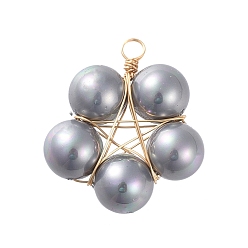 Gray Shell Pearl Pendants, with Golden Plated Copper Wire, Flower, Gray, 24x22x8mm, Hole: 2.3mm