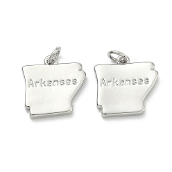 Platinum Brass Pendants, Nuggets with Word Arkansas Charms, Long-Lasting Plated, Rack Plating, Lead Free & Cadmium Free, Platinum, 16x16.5x2.5mm, Jump Ring: 5x1mm, 3mm inner diameter