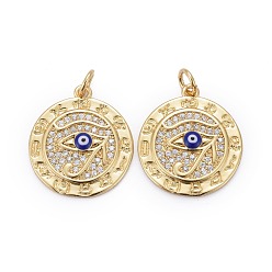 Real 18K Gold Plated Brass Micro Pave Clear Cubic Zirconia Pendants, with Enamel & Jump Rings, Long-Lasting Plated, for Religion, Flat Round with The Eye of Horus, Real 18K Gold Plated, 20x18x3mm