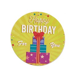 Others Happy Birthay Kraft Paper Gift Tags, Flat Round, Gift Box Pattern, 3x0.02cm, Hole: 3mm, about 100pcs/bag