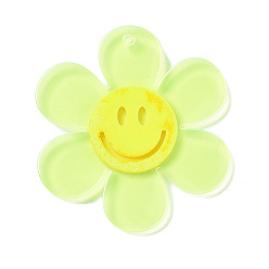 Pale Green Transparent Acrylic Big Pendants, Sunflower with Smiling Face Charm, Pale Green, 55x50.5x6mm, Hole: 2.5mm