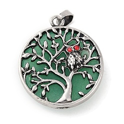 Зеленый Авантюрин Натуральное зеленое авантюриновое древо жизни с подвесками в виде совы, Покрытие стойки, античный посеребренный сплав, плоские круглые подвески со стразами из сиамского сплава, без свинца и без кадмия, 31.5x27.5x10~11 мм, отверстие : 8x4 мм