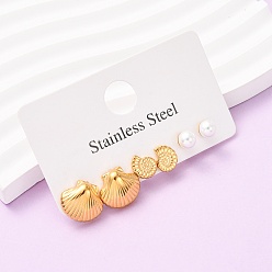 Настоящее золото 18K 3 пары в форме ракушки 304 серьги-гвоздики из нержавеющей стали, с ABS имитации жемчуга, ионное покрытие (ip), реальный 18 k позолоченный, 9.5~17x6~15 мм