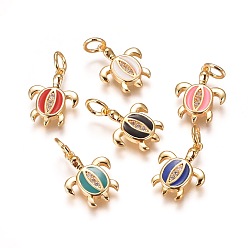 Mixed Color Brass Enamel Pendants, with Micro Pave Cubic Zirconia, Tortoise, Golden, Mixed Color, 17x13x3mm, Hole: 4mm