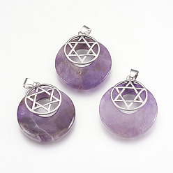 Аметист Подвески из натурального аметиста , для евреев, с латунной фурнитурой платинового цвета, плоские круглые со звездой Давида, 32x28x7 мм, отверстие : 4x5 мм