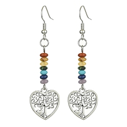 Сердце Серьги с подвесками из сплава «Древо жизни», Длинные женские серьги-капли из синтетических и натуральных драгоценных камней с бисером, сердце, 62x16.5 мм