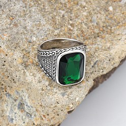 Темно-Зеленый 304 мужские перстни из нержавеющей стали с кубическим цирконием, античное серебро, прямоугольные, темно-зеленый, размер США 10 (19.8 мм)