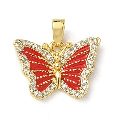 Красный Латунные микро проложить кубического циркония подвески, с эмалью, бабочка, красные, 12.5x17.5x2.5 мм, отверстие : 2.5x4.5 мм