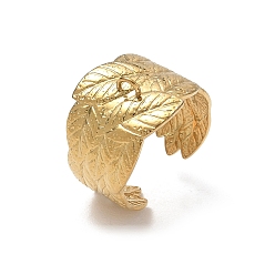 Golden 304 Stainless Steel Cuff Open Ring Setting, with Loop, Leaf, Ion Plating(IP), Golden, 15mm, Hole: 2x2.3mm, US Size 8 1/2(18.5mm)