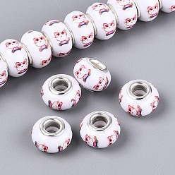 Cat Shape Непрозрачная смола европейский бисер, RONDELLE большие шарики отверстия, с латунными сердечниками с серебряным покрытием, Индийская красная, форма кошки, 13.5~14x9 мм, отверстие : 5 мм
