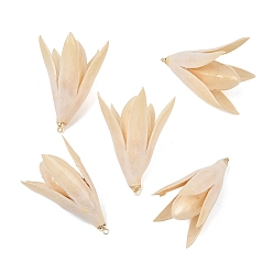 Beige Colgantes de resina epoxi y flores secas, encanto de capullo de magnolia, con instrumentos de viento, dorado, crema, 37~42x27~34x24~36 mm, agujero: 1.6 mm