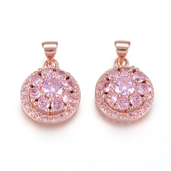 Plum Brass Micro Pave Cubic Zirconia Pendants, Long-Lasting Plated, Flat Round with Flower, Flower Able Rotate, Rose Gold, Plum, 17.5x14.5x8mm, Hole: 4x3.5mm