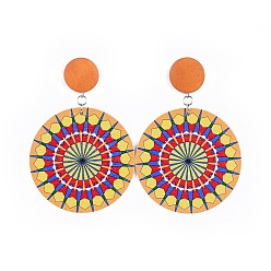 Желтый Окрашенные деревянные серьги-гвоздики с рисунком, с плоскими круглыми бусинами из окрашенной груши и 304 из нержавеющей стали, пластиковые гайки для ушей, желтые, 88 мм , штифт: 0.7 мм