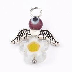 Purple Handmade Millefiori Glass Pendants, with Evil Eye Lampwork Round Bead and Alloy Beads, Angel, Antique Silver, Purple, 26.5x20x7mm, Hole: 3mm