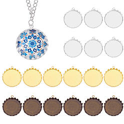 Mixed Color 18Pcs 3 Colors Brass Pendant Cabochon Settings, Flat Round, Serrated Edge Bezel Cups, Mixed Color, 25x25mm, 6pcs/color