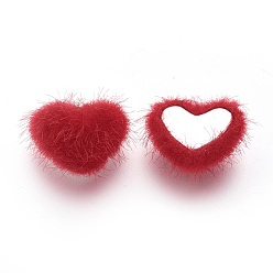 Red Faux Mink Fur Covered Cabochons, with Alloy Bottom, Heart, Silver Color Plated, Red, 14x17x6.5mm