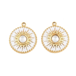 Blanco 304 colgantes de esmalte de acero inoxidable, dijes redondos y planos con patrón de sol, con acrílico, revestimiento de iones (ip), real 18 k chapado en oro, blanco, 17.5x15x4 mm, agujero: 1.5 mm