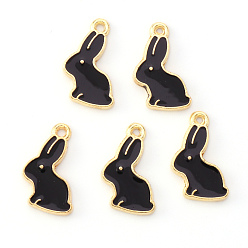 Black Alloy Enamel Pendants, Rabbit, Light Gold, Black, 17x11x1.5mm, Hole: 1.4mm