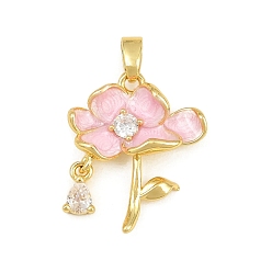 Pearl Pink Brass Micro Pave Clear Cubic Zirconia Pendants, with Enamel, Flower Charms, Real 18K Gold Plated, Pearl Pink, 19.5x16.5x4mm, Hole: 4.5x2.5mm
