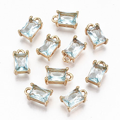 Aquamarine Brass Glass Rhinestone Pendants, Long-Lasting Plated, Cadmium Free & Lead Free, Rectangle, Light Gold, Aquamarine, 10x6x4.5mm, Hole: 1.4mm