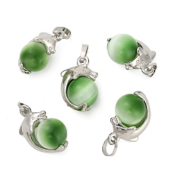 Green Cat Eye Pendants, Round with Dolphin Charm, with Alloy Findings, Platinum, Green, 19.5x12.5x10.5mm, Hole: 3.5x2.5mm
