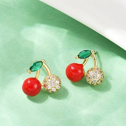 Вишня Латунные микро проложить серьги стержня кубического циркония, с эмалью, стойки покрытие, прочное покрытие, без кадмия и без свинца, реальный 18 k позолоченный, вишня, 12.5x14 мм