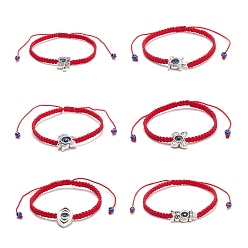 Evil Eye Браслет из плетеных бусин из смолы сглаза и сплава, регулируемый браслет для женщин, смешанные узоры, внутренний диаметр: 2~4-1/8 дюйм (5~10.3 см), бортовая рама: 11.5~20x11.5~20x3~6мм