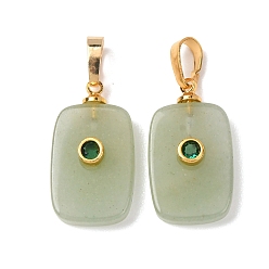 Зеленый Авантюрин Естественный зеленый авантюрин подвески, прямоугольные подвески с латунной микропаве кубическими цирконами, золотые, 25x13x5 мм, отверстие : 7x4 мм