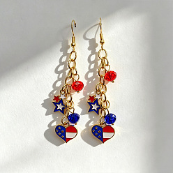 Cœur Boucles d'oreilles pendantes en alliage, émail et verre, pour la fête de l'indépendance, or, rouge blanc et bleu, cœur, 50mm