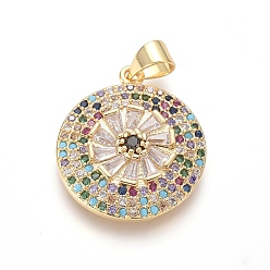 Разноцветный Латунные микро проложить кубического циркония подвески, плоско-круглые, золотые, красочный, 21x18.5x4 мм, отверстие : 5x3.5 мм
